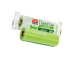 Мешки для мусора 60 л, биоразлагаемые, на втулке, зеленые, в рулоне 15 шт., ПНД, 12 мкм, 800х600 мм, GRIFON Bio, 100-060 в Омске