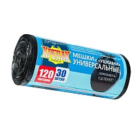 Мешки для мусора 120 л, с ушками, черные, в рулоне 30 шт., ПНД, 15 мкм, 1100х700 мм, Крепак, 4607075710375 в Омске