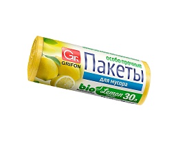 Мешки для мусора 30 л, ароматизированные, Лимон, желтые, в рулоне 20 шт., ПНД, 9 мкм, 560х530 мм, GRIFON Aroma, 101-020 Li в Омске