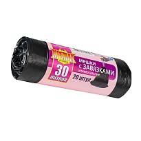 Мешки для мусора 30 л, с завязками, черные, в рулоне 20 шт., ПНД, 12 мкм, 580х500 мм, Крепак, 4607075710306 в Омске